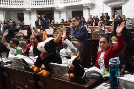 Legisladores del grupo parlamentario del PVEM, votan durante la sesión ordinaria del Congreso Capitalino en la que fue aprobado en lo general el dictamen que prohíbe las corridas de toros con violencia.