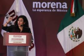 Luisa María Alcalde Luján, presidenta Nacional de Morena, durante su participación en la VIII Sesión Extraordinaria del Consejo Nacional de Morena realizada en el Hotel Barceló.
