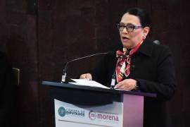 Rosa Icela Rodríguez, secretaria de Gobernación, durante su intervención en la cuarta reunión plenaria del Grupo Parlamentario de Morena.