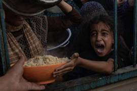 Un niño palestino se reúnen para recoger alimentos donados por una organización benéfica en el campamento de Khan Yunis, al sur de la Franja de Gaza.