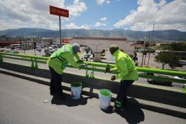 Brigadas municipales realizan trabajos de pintura y mantenimiento en el bulevar Fundadores de Saltillo.