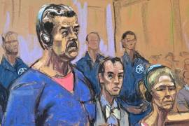Fotografía de un dibujo realizado por la artista Jane Rosenberg donde aparece el presidente de Venezuela, Nicolás Maduro (i), junto a su esposa, Cilia Flores (d), compareciendo ante un tribunal federal, en Nueva York.