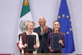 Conferencia de prensa conjunta entre la presidenta Claudia Sheinbaum, António Costa, presidente del Consejo de la Unión Europea, y Úrsula von der Leyen, presidenta de la Comisión Europea.