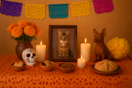 Un altar de muertos dedicado a una mascota puede ser acompañado con flores de cempasúchil, juguetes y una fotografía en el centro.