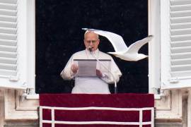 Una gaviota vuela frente al Papa León XIV, quien aparece en la ventana de su estudio con vista a la Plaza de San Pedro para la bendición dominical de los fieles reunidos para la oración del Ángelus del mediodía.