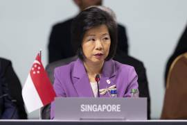 La ministra de Estado del Interior, Sim Ann, presentó el proyecto de ley antes de su aprobación.