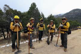 Brigadistas de distintas corporaciones trabajan desde el amanecer para sofocar el incendio en el Cañón La Roja, en el municipio de Arteaga.