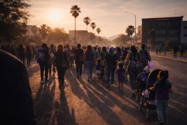 La imagen represenat a participantes del bloque de maternidades e infancias caminan durante la marcha del 8M en Saltillo de 2025. La movilización reunió a mujeres, niñas y niños que avanzaron por las principales avenidas de la ciudad.