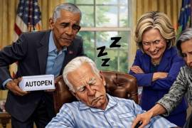 En esta imagen creada con IA y que Trump publicó en su red social Truth Social se observa a su antecesor, Joe Biden así como a su hijo Hunter a el expresidente Brack Obama y a Hillary Clinton.