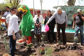 El alcalde José María Fraustro Siller, acompañado de su esposa, la señora Beatriz Dávila de Fraustro, presidenta honoraria del DIF de Saltillo, encabezaron la instalación del jardín polinizador en la Presidencia Municipal.