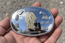 Los ocho Pueblos Mágicos de Coahuila están representados mediante elementos de su historia, naturaleza y tradiciones; un pequeño diamante sobre el mapa señala a Saltillo, la capital del estado.