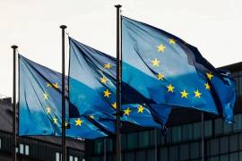 Banderas de la Unión Europea ondean en Bruselas, Bélgica.