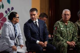 CIUDAD DE MÉXICO, 22JULIO2025.- Rosa Icela Rodríguez Velázquez, secretaria de Gobernación; Omar García Harfuch, secretario de Seguridad y Protección Ciudadana y Ricardo Trevilla Trejo, secretario de la Defensa Nacional durante conferencia de prensa en Palacio Nacional. FOTO: ANDREA MURCIA /CUARTOSCURO.COM