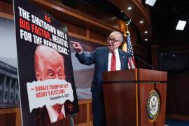 El líder de la minoría demócrata en el Senado, Chuck Schumer habla con los periodistas sobre las victorias demócratas en el día de las elecciones, en el Capitolio en día 36 del cierre del gobierno.