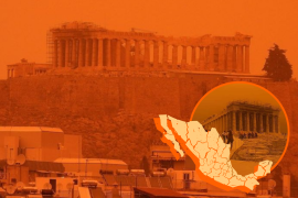 Imágenes impactantes muestran un inusual paisaje en Atenas, Grecia, donde el cielo se tiñó de naranja y rojo debido a la dispersión de polvo rojo del desierto del Sahara.