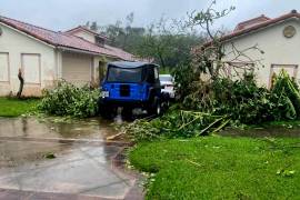 En esta foto proporcionada por la Guardia Costera estadounidense, ramas de árboles caídas ensucian un vecindario en Yona, Guam después de que el tifón Mawar pasara por la isla.