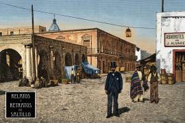 Grabado de El Parián, el tradicional mercado del Saltillo del siglo XIX. Imagen coloreada por IA.