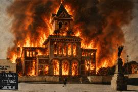 Imagen modificada y recreada digitalmente (no real), de lo que pudo haber sido el incendio del Teatro Acuña en agosto de 1902.