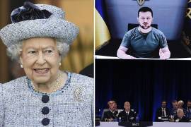 La reina Isabel II de Reino Unido en una imagen de 2017. A la derecha, el presidente del Ucrania, Volodímir Zelenski, interviniendo por videoconferencia en la primera jornada de la cumbre de la OTAN.