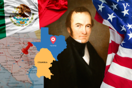 Representación de Stephen Austin y su relación con Texas y Coahuila.