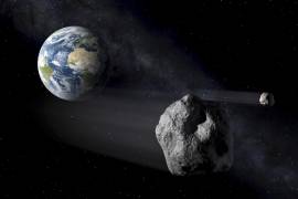 En esta recreación artística, dos asteroides pasan junto a la Tierra. Un asteroide pasará cerca de la Tierra hoy.