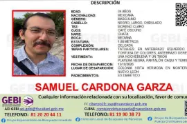 La ficha de búsqueda de Samuel Cardona Garza, activista de 34 años y voluntario de Greenpeace México, desaparecido el 13 de octubre en Monterrey. ¡Compartir también es ayudar!