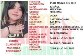 Alerta Amber Coahuila buscan a Xiromi Martínez, menor de 13 años, desaparecida en Saltillo desde el pasado 4 de julio de 2023.