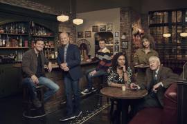 L-R: Jack Cutmore-Scott as Freddy Crane, Kelsey Grammer as Frasier Crane, Anders Keith as David Crane, Toks Olagundoye as Olivia, Jess Salgueiro as Eve and Nicholas Lyndhurst as Alan in Frasier, streaming on Paramount+, 2023. Photo credit: Pamela Littky/Paramount+