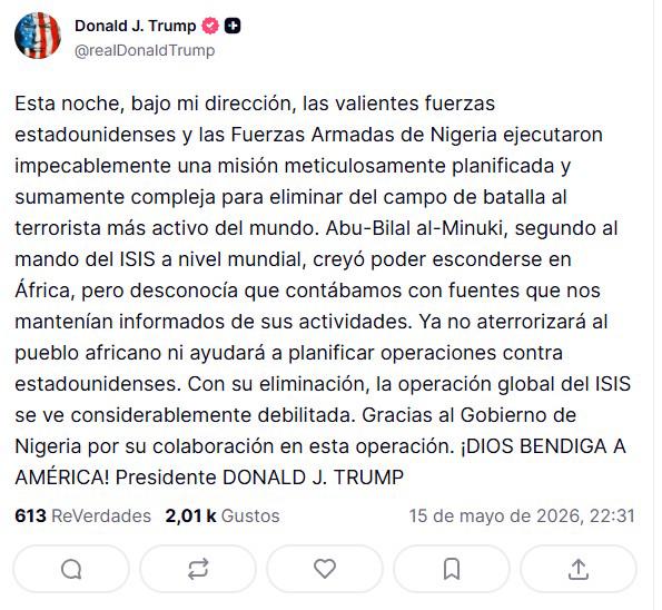 Captura de pantalla de un mensaje en la cuenta de Truth Socia del presidente de EU, Donald Trump, en el que afirma que se logró eliminar a Abu-Bilal al-Minuki.