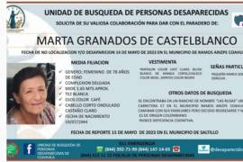 De acuerdo con la ficha de la Unidad de Búsqueda de Personas Desaparecidas de Coahuila, se activó el Protocolo Alba para la búsqueda y localización de Marta, de quien no se sabe nada desde el pasado 14 de mayo.