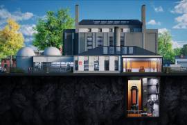 Una ilustración conceptual del reactor de investigación KRONOS MMR, que la Universidad de Illinois en Urbana-Champaign (UIUC) planea operar en su campus en Champaign, Illinois.