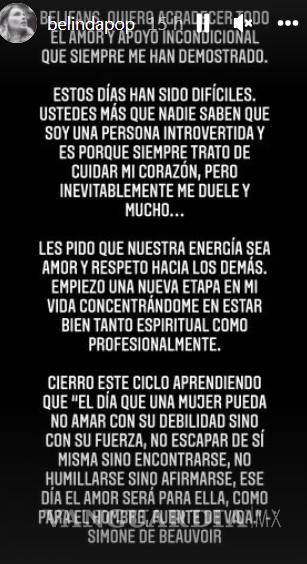 $!Mensaje que compartió Belinda en sus historias de Instagram.
