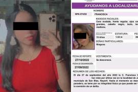 El sábado 29 de octubre fue localizado un cuerpo sin vida dentro de un predio, en el ejido Jalcocotán, municipio de San Blas; luego se confirmó que se trataba de la joven desaparecida el 27 de septiembre