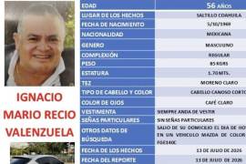 La Fiscalía de Personas Desaparecidas informó que Ignacio Mario Recio Valenzuela salió de su domicilio con dirección a su trabajo y desde entonces se desconoce su paradero.
