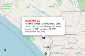 A través del Servicio Sismológico Nacional (SSN), se reportó el sismo de 5.8 de magnitud en Chiapas, junto en la frontera entre México y Guatemala, este viernes 28 de noviembre a las 14:06 horas.