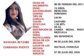 La Fiscalía de Personas Desaparecidas difundió la ficha de búsqueda de Nayhara Betzabé Carranza Puente, de 15 años.