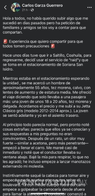 $!El joven dio cuenta de su experiencia en una publicación de Facebook-