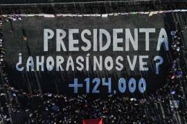 Frente a Palacio Nacional, activistas y familiares de personas desaparecidas dibujaron con pintura blanca la distribución del rancho Izaguirre, con la frase: “Presidenta, ¿ahora sí nos ve?”.