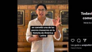 Francisco Velázquez, estudiante de la UAdeC, denuncia la presencia de una placa que honra al expresidente Díaz Ordaz, involucrado en la matanza de Tlatelolco.