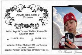 A 22 días de cumplir 16 años, Ingrid Leonor Valdez Escamilla fue sepultada este lunes en el Panteón Santa Rosa, de Múzquiz, Coahuila.