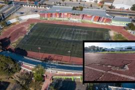 Vista aérea y detallada de la pista de atletismo del Estadio Olímpico de Saltillo.