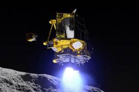 Una ilustración artística del aterrizaje en la Luna del SLIM (Smart Lander for Investigating Moon) y el despliegue del Vehículo de Excursión Lunar (LEV).