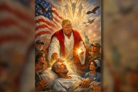 Donald Trump difundió una imagen generada por IA tras criticar al pontífice; la imagen muestra a Trump con túnica realizando una supuesta curación, rodeado de símbolos de EE.UU. y figuras religiosas.