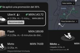 Comparativa de tarifas entre UberX, Indriver y Uber Moto para un viaje entre Plaza Patio y Plaza Sendero Sur.