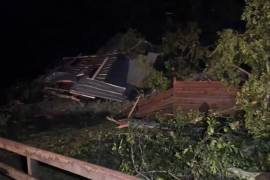En esta imagen extraída de un video tomado por WDAM, árboles dañados y una estructura se ven tras una tormenta que golpeó parte del condado Lamar, Mississippi.