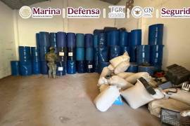 Omar García Harfuch informó que fuerzas federales desmantelaron un campamento clandestino y aseguraron más de 24 mil litros y 12 toneladas de sustancias químicas en Petatlán, Guerrero