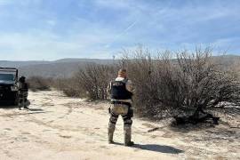 Agentes de la AIC y personal militar trabajan en el lugar donde fue encontrado el cuerpo calcinado, en un predio baldío de Torreón.