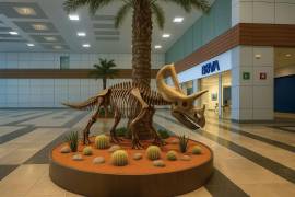 La imagen conceptual muestra un espacio abierto y dinámico, donde se integran piezas representativas del Museo del Desierto con una estética moderna pensada para entornos aeroportuarios.