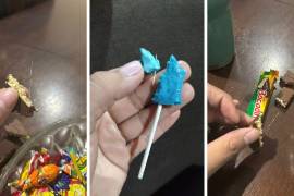 Madres de familia revisan los dulces recolectados por sus hijos tras hallar alfileres incrustados.