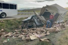 El camión de carga volcado tras el accidente en el que se esparcieron paquetes de carne sobre la carretera.